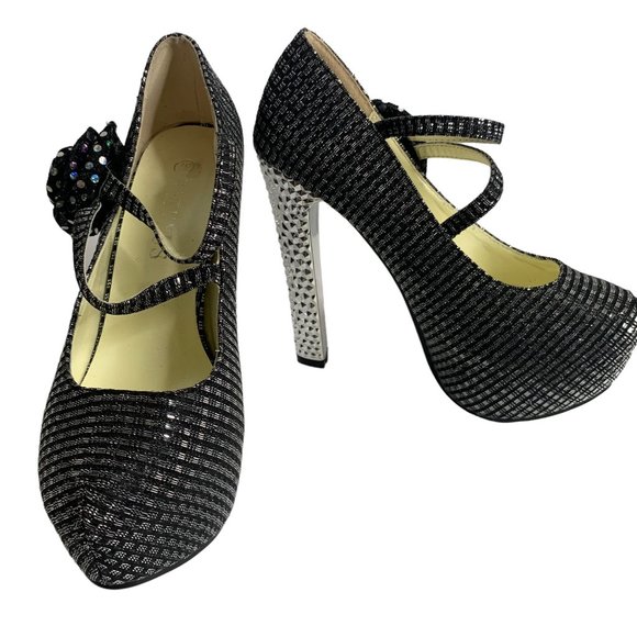 Gatuxus Metallic Platform High Heels Womens 7 Black Silver Straps Flower - Picture 4 of 9